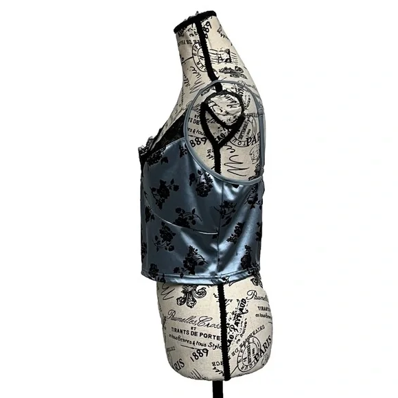 Cider Blue Lace Trim Cropped Camisole Top Velvet Floral Grunge Punk Moto XL - Picture 3 of 8